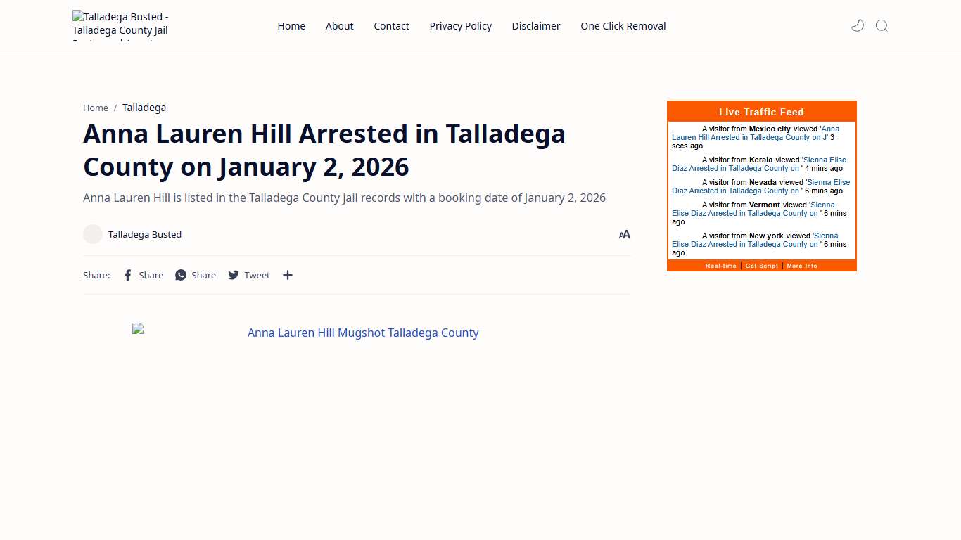 Anna Lauren Hill Arrested in Talladega County on January 2, 2026 - Talladega Busted - Talladega County Jail Roster and Arrest Records